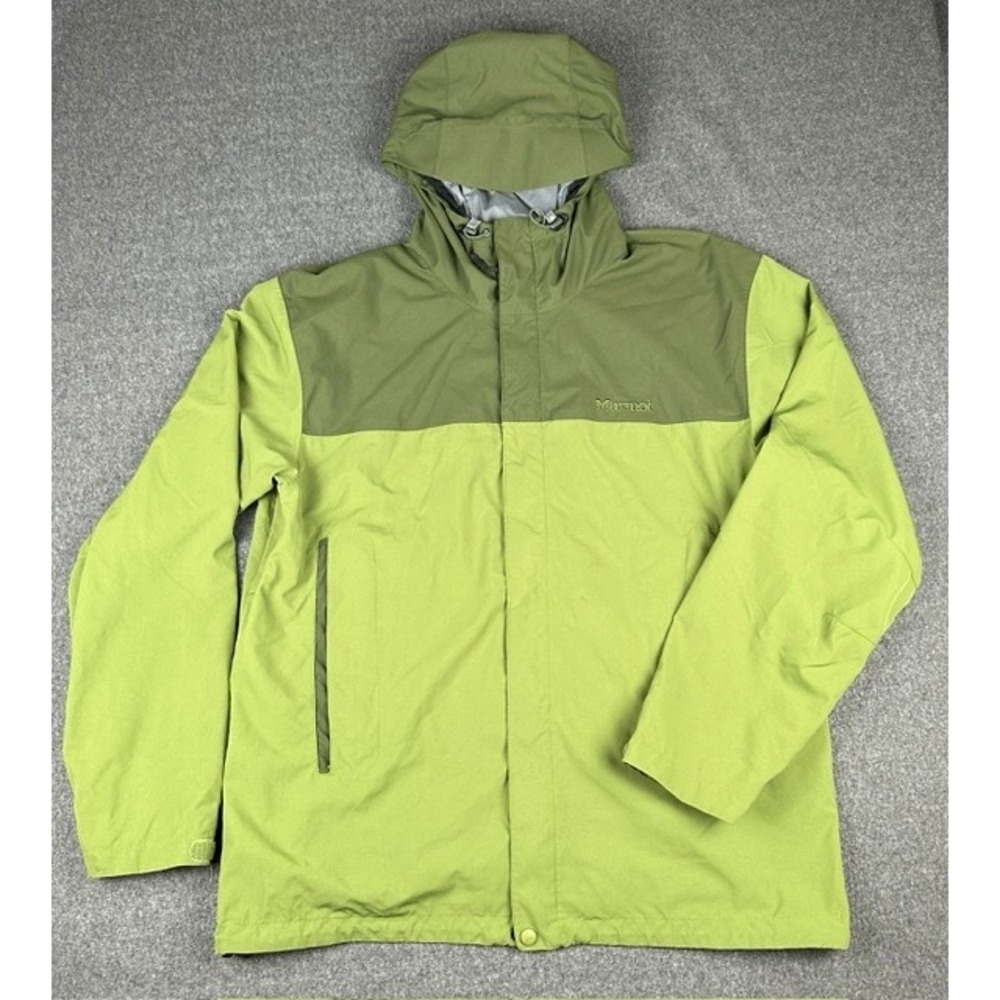Marmot Mens Hooded Rain Jacket Green Colorblock Full Zip Nylon Shell Large